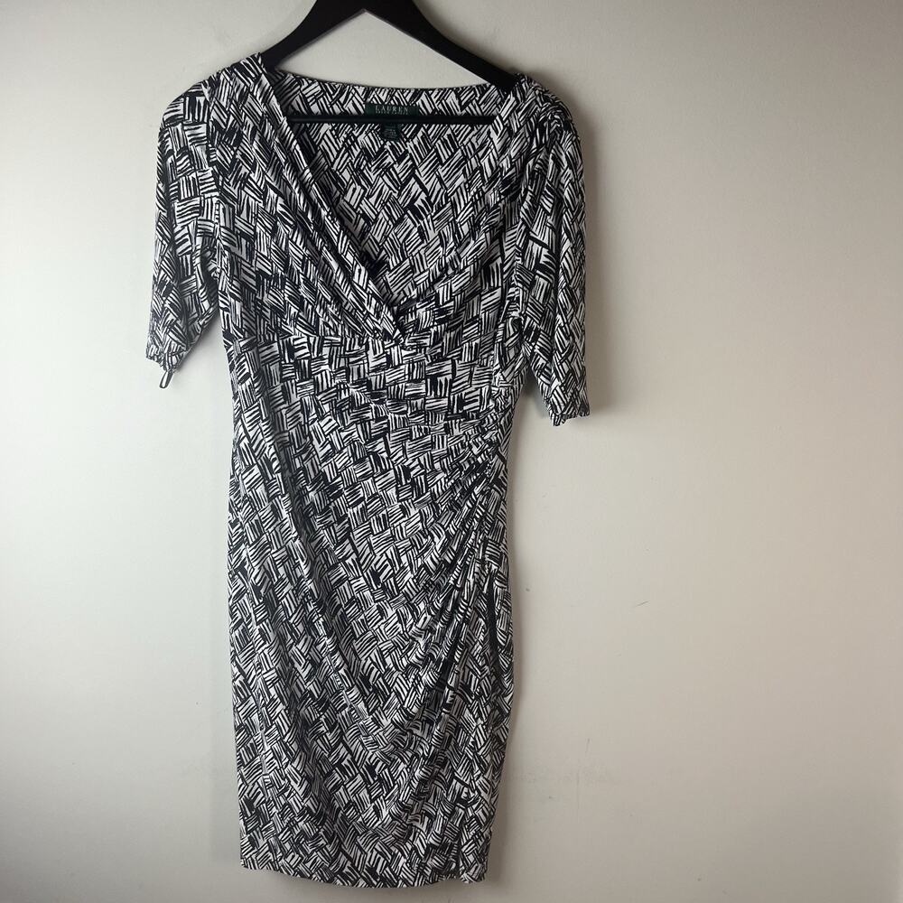 Lauren Ralph Lauren Dress Elbow Sleeve Ruched Sheath Career 10 Black White